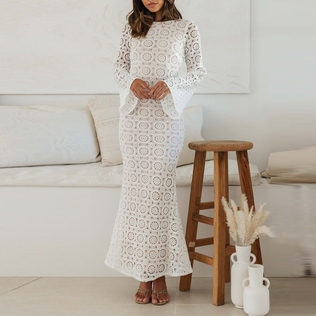 Vacation Dress Summer Sexy Hollow Out Cutout Crochet Knitted Long Sleeve Backless Slim Fit Elegant Dress
