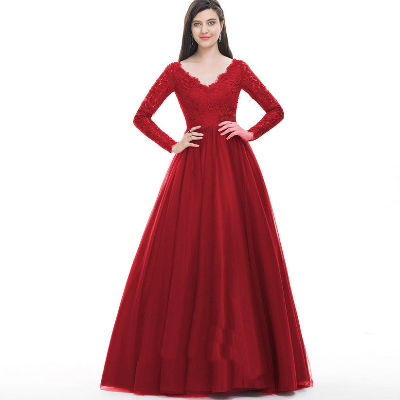 Women Mesh Lace Long Sleeve Wedding Bridal Gown Dress Evening Maxi Dress