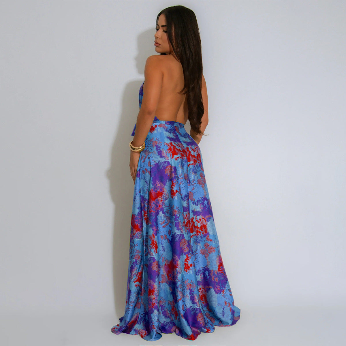 Women Clothing V neck Halter Sexy Backless Dress Satin Printed Maxi Dress
