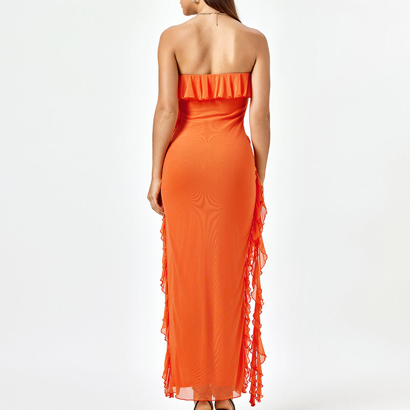 Strapless Dress Sexy Ruffled Split Backless Long Tube Top Dress