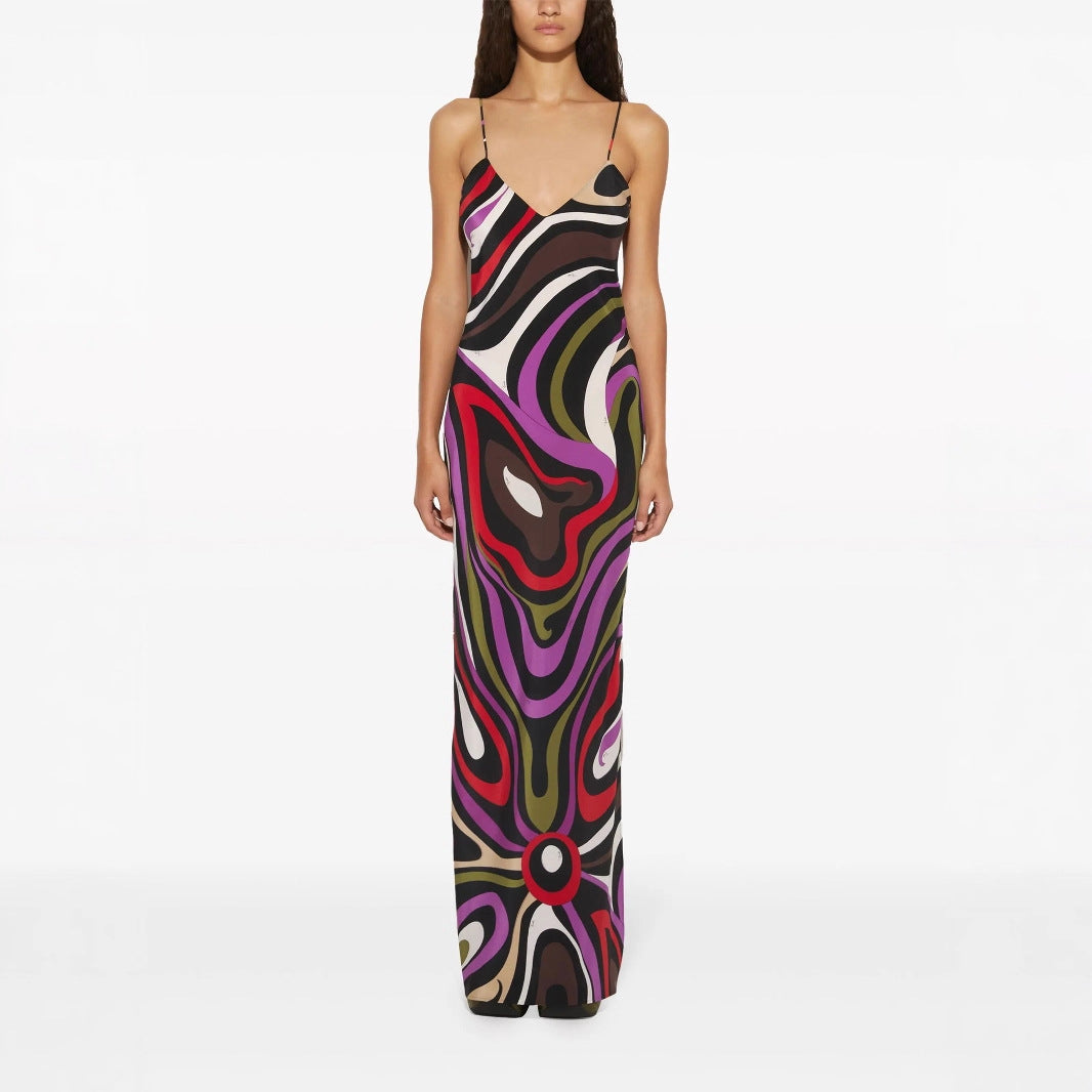 Summer Printed Satin Strap Backless Maxi Dress Women