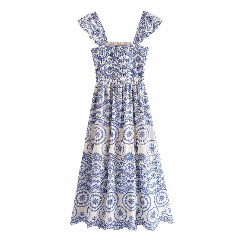 Women Hollow Out Cutout Embroidered Strap Dress