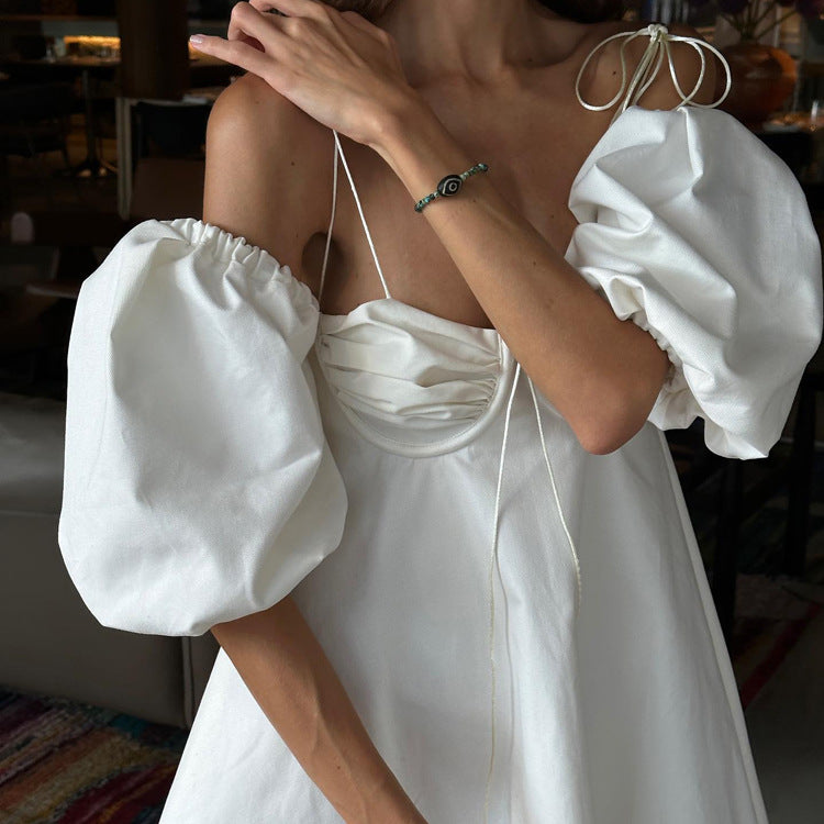 Sexy Low Cut off Neck Bubble Sleeve Tube Top Dress Sexy Backless White Cami Dress