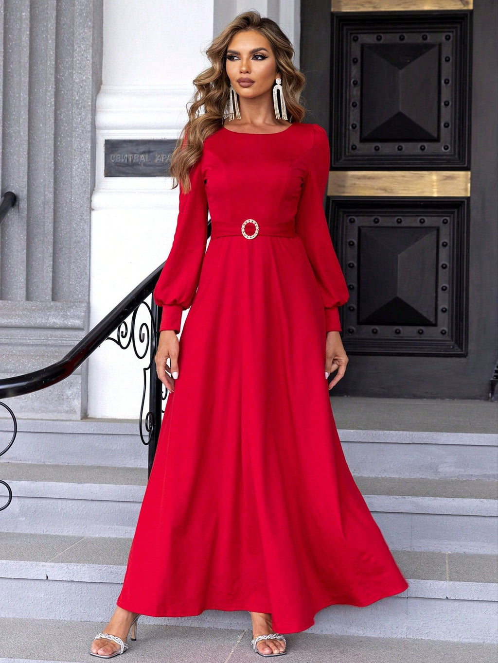 Autumn Winter Women Clothing Maxi Dress Solid Color Tied A line Dress