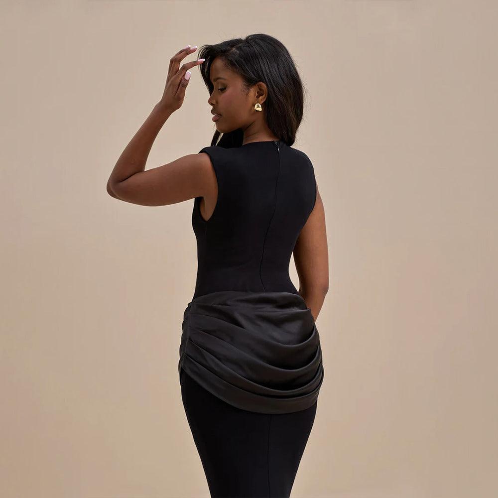 Women Spring Sexy Satin Patchwork Maxi Dress Elegant Slim Sleeveless Pleated Solid Color Dress
