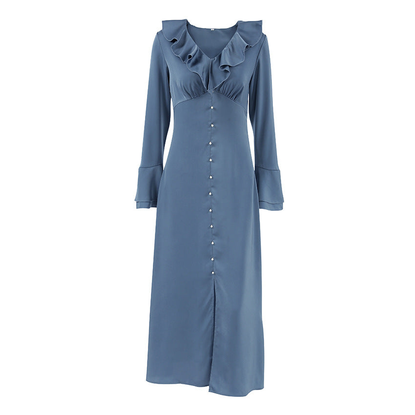 French Imitation Acetate Satin V neck Flared Sleeves High Waist Ruffles Dress Autumn