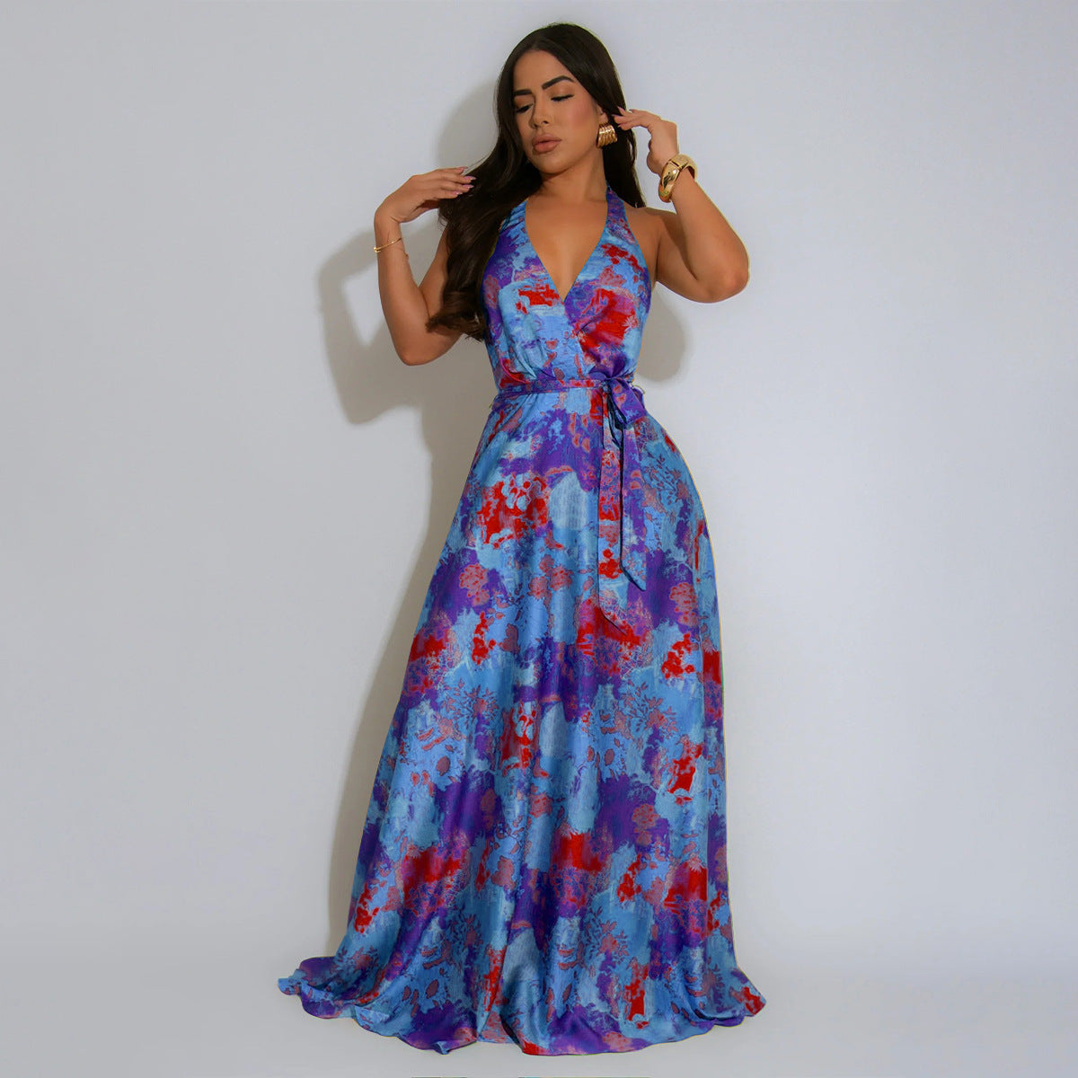 Women Clothing V neck Halter Sexy Backless Dress Satin Printed Maxi Dress