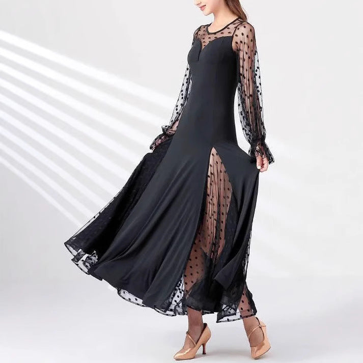 Elegant Women Polka Dot Lace Stitching Long Sleeve Dress Lantern Sleeve Polka Dot Stitching Split Dress