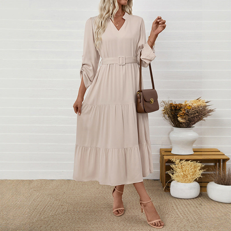 Office Casual Simple Elegant Stand Collar Long Sleeve Solid Color Maxi Dress with Belt