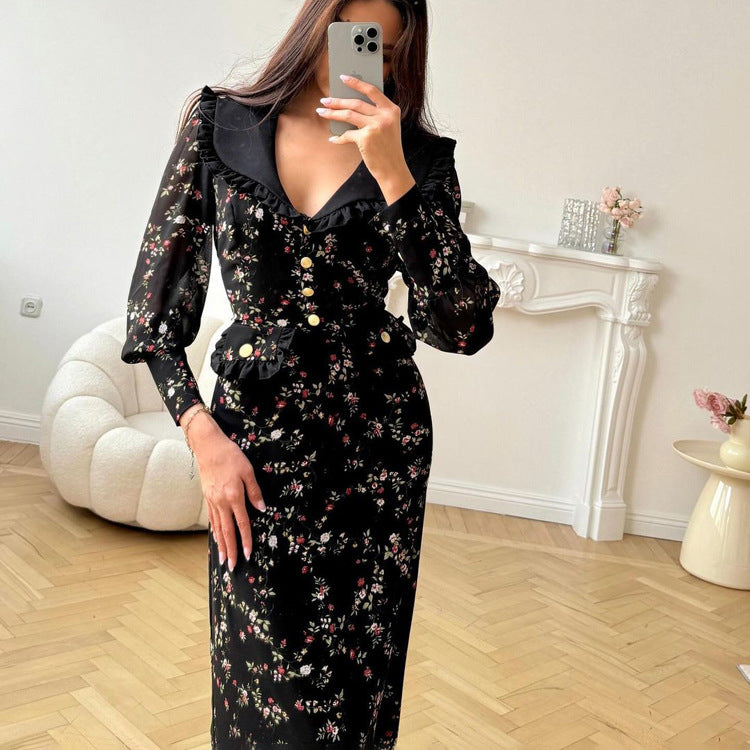 Spring Autumn Ruffled Collared Long Sleeve Retro French Dress Women High Waist Floral Dress