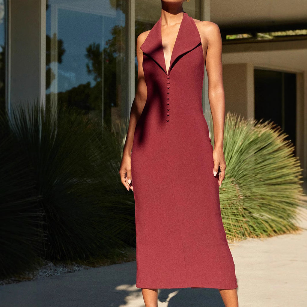 Sexy Women Clothing Sexy Backless V neck Midi Dress Skinny Sheath Split Halter Dress