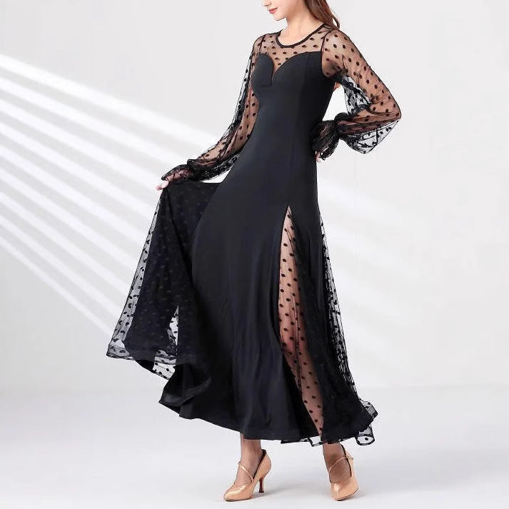 Elegant Women Polka Dot Lace Stitching Long Sleeve Dress Lantern Sleeve Polka Dot Stitching Split Dress