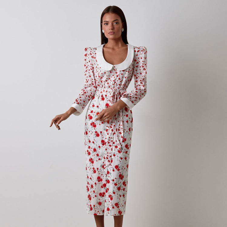 Women Clothing Elegant Printed Dress Three Quarter Sleeve Collared Split Waist Fitted Dress