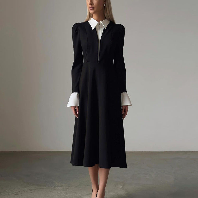 Black White Stitching Faux Two Pieces Sets Dress Women Elegant High Waist A line Dress