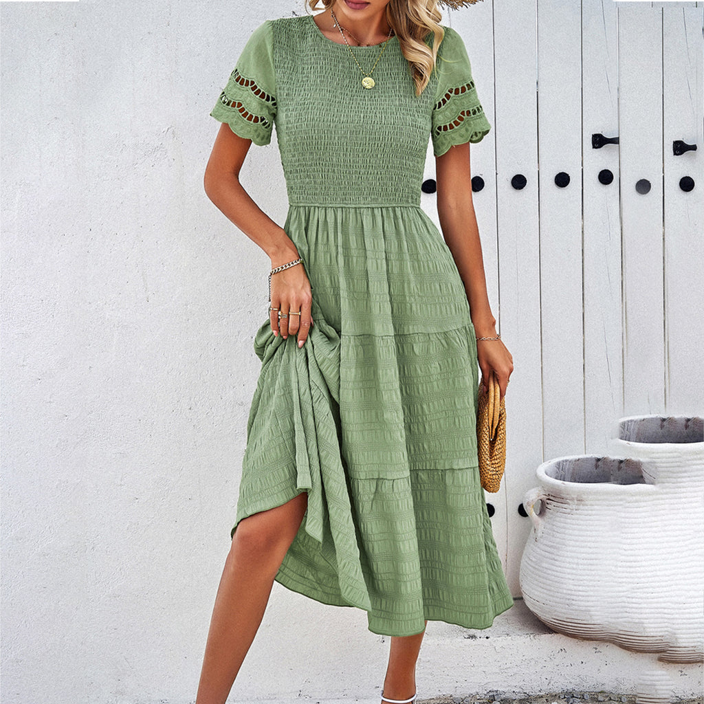 Women Clothing Spring Summer Solid Color Smocking Hollow Out Cutout Dress