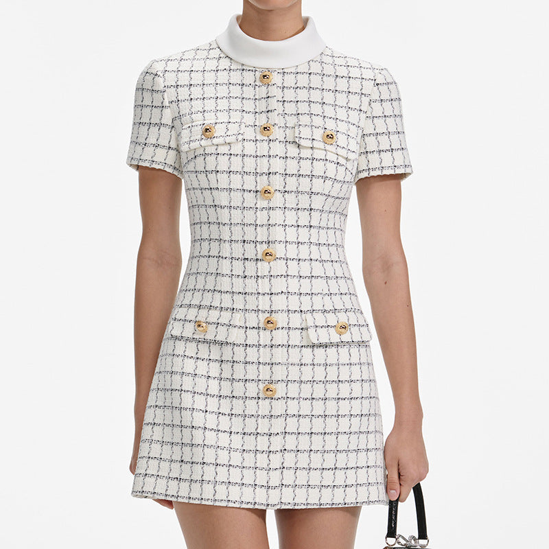 Brand Socialite Dress High Sense Plaid Contrast Color Stand up Collar Slim Fit Slimming Dress