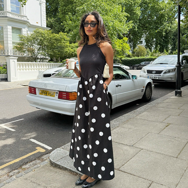 Women Sleeveless Cool Elegant Stitching Polka Dot Print Dress Adult Lady like Woman Maxi Dress