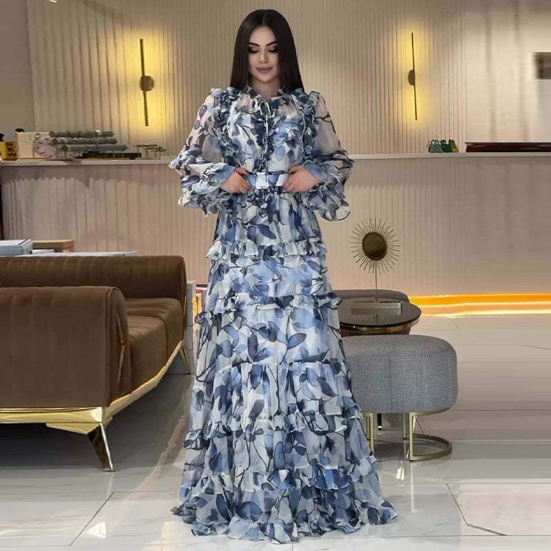 Autumn Women Clothing Printing Elegant Slim Maxi Dress