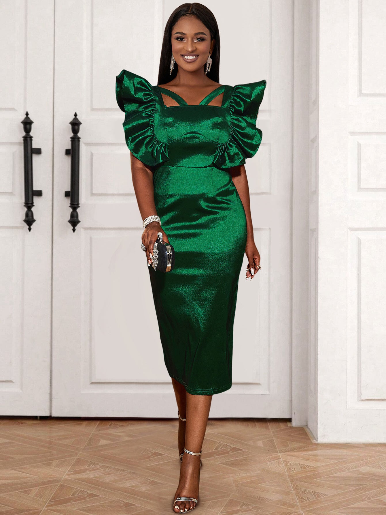 Personalized Square Collar Ruffled Dress Elegant Lightly Mature High Waisted Dresses