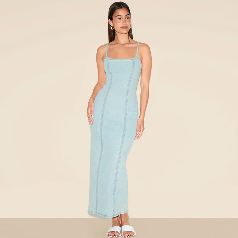 Women Clothing Denim Split Waist Fitted Sling Dress
