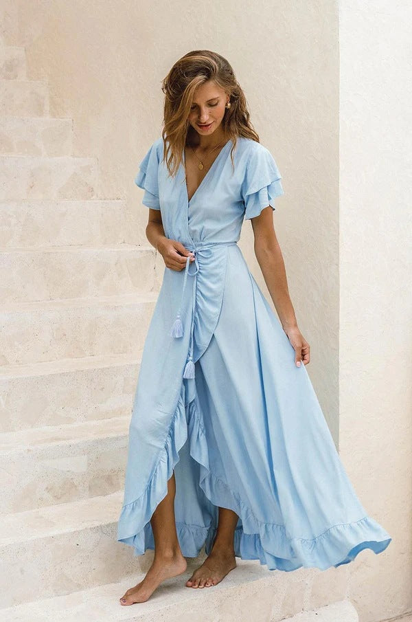 Spring Summer Women Clothing V Neck Short Sleeve Dress Split Dress