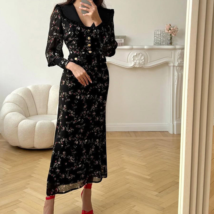 Spring Autumn Ruffled Collared Long Sleeve Retro French Dress Women High Waist Floral Dress