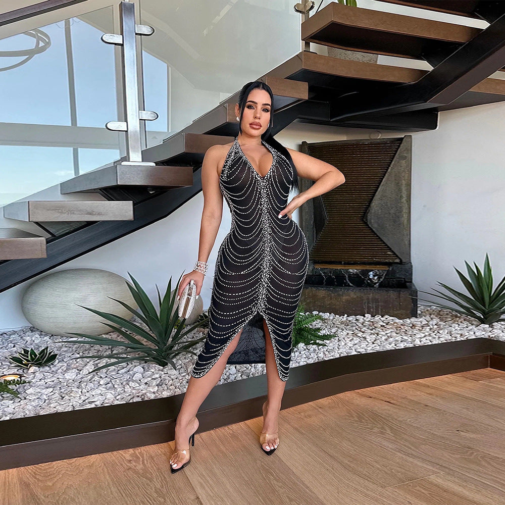 High End Rhinestone Sexy Backless Tight Split Dress Dress for Women