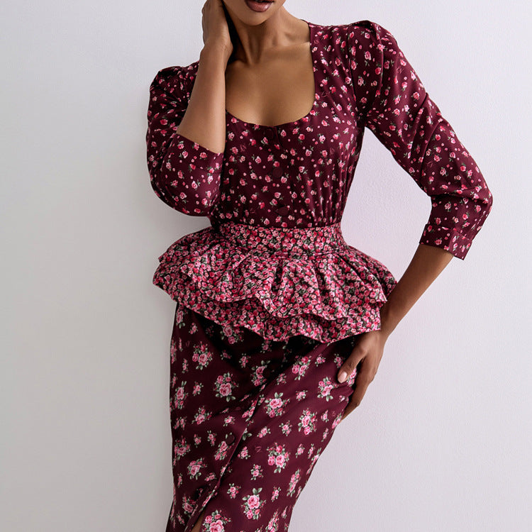 Digital Printing French Dress Women Square Collar 3/4 Sleeve Design Ruffled Waist Seal Floral Dress