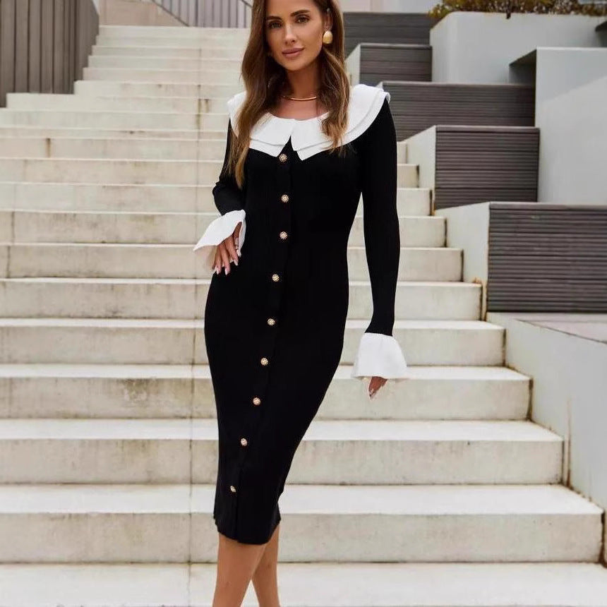 Autumn Winter Knitted Sweater Dress Women Stitching Contrast Color Tight Dress Elegant Graceful Dress