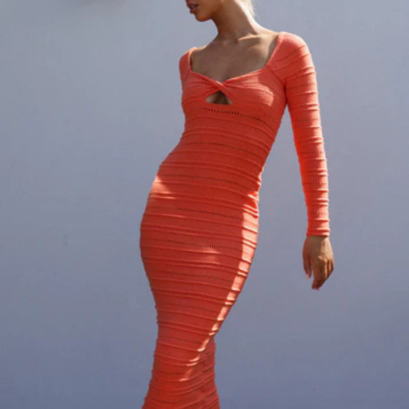Sexy Hollow Out Cutout Long Sleeved Knitted Dress Long Dress Women