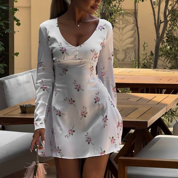 Casual Women Wear Satin Printing Dress Long Sleeve V neck High Waist Floral A line Dress