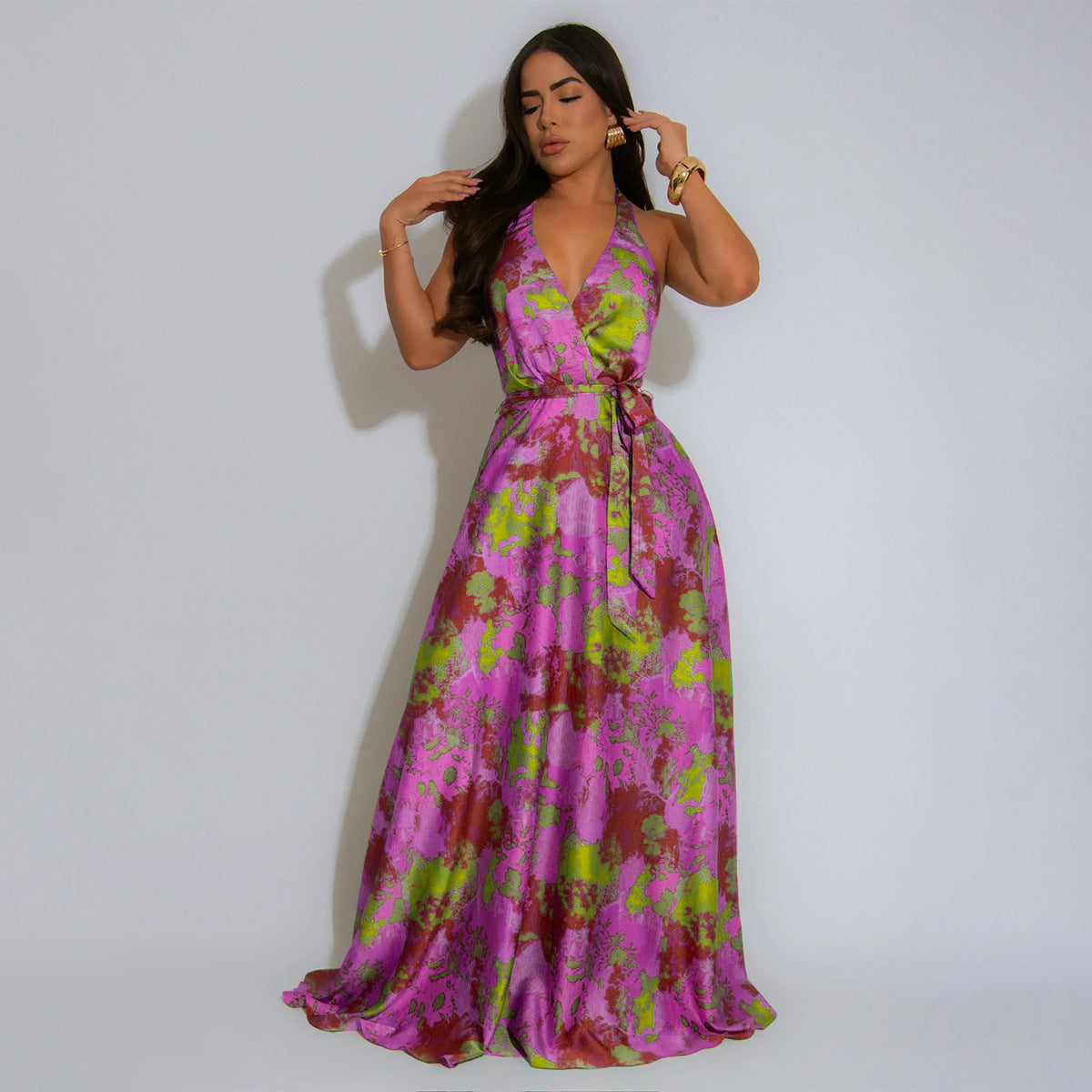 Women Clothing V neck Halter Sexy Backless Dress Satin Printed Maxi Dress