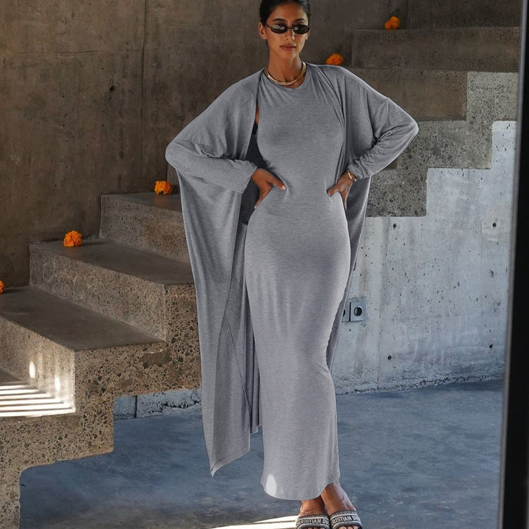 Arrival Solid Color round Neck Sleeveless Vest Set Sheath Maxi Dress Long Cardigan Casual TwoPiece Set