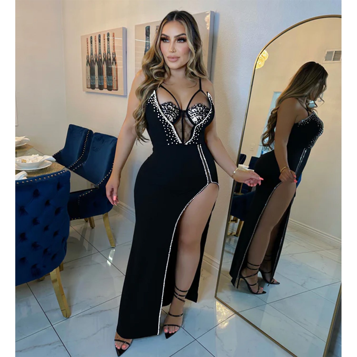 Women Wear Solid Color Drilling Sleeveless Split Maxi Dress