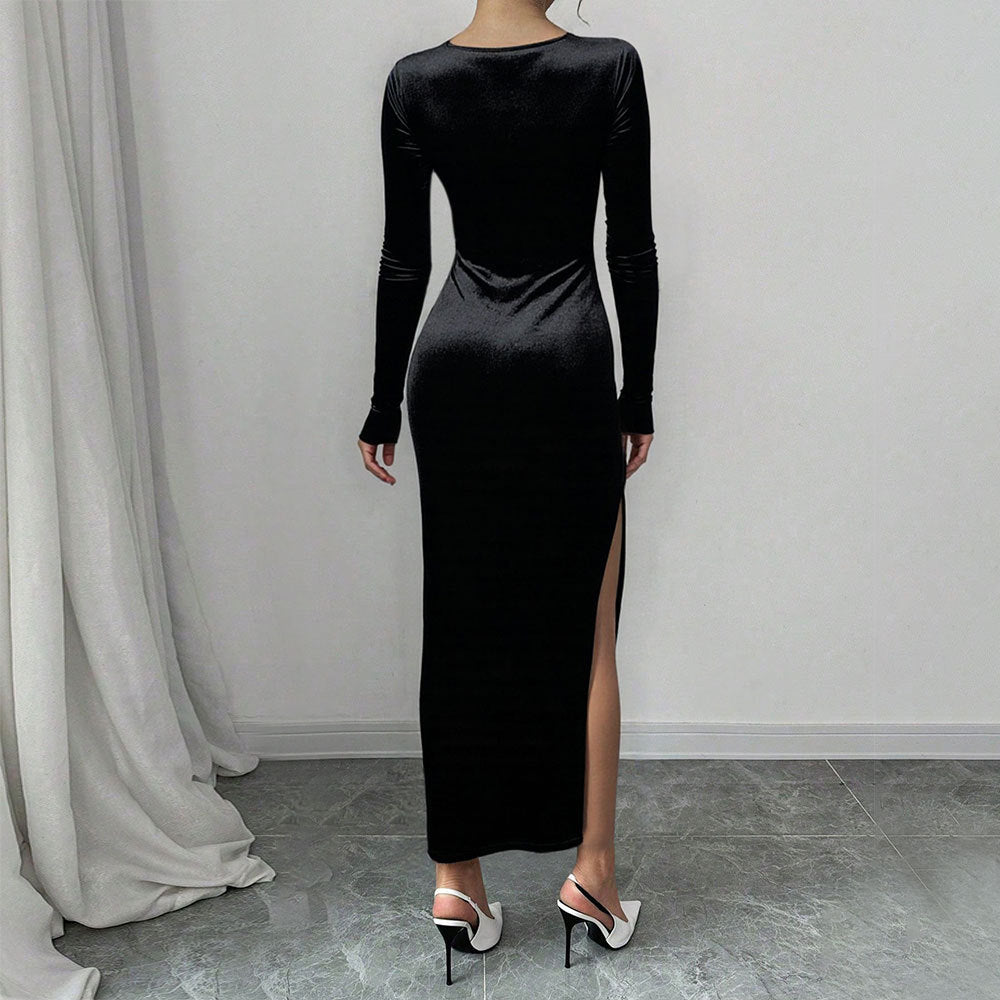 Autumn Winter Women Clothing Sexy Long Sleeve Velvet Dress High Waist Slit Square Collar Dress