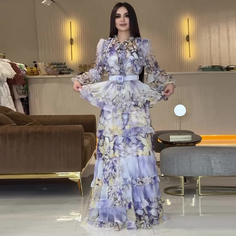 Autumn Women Clothing Printing Elegant Slim Maxi Dress
