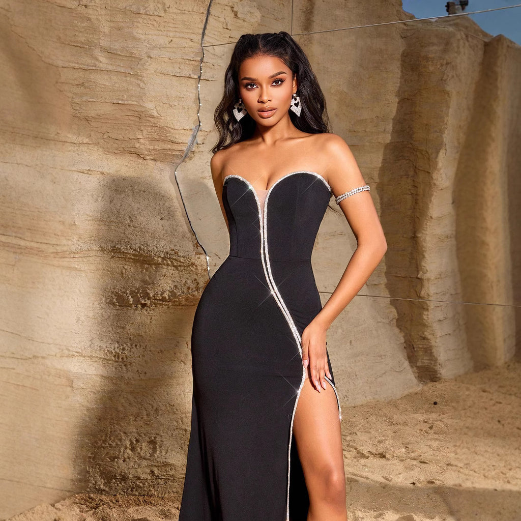 Women Clothing Elegant Spaghetti Straps Sleeveless Slim Fit High Waist Slit Maxi Dress Party Footwear