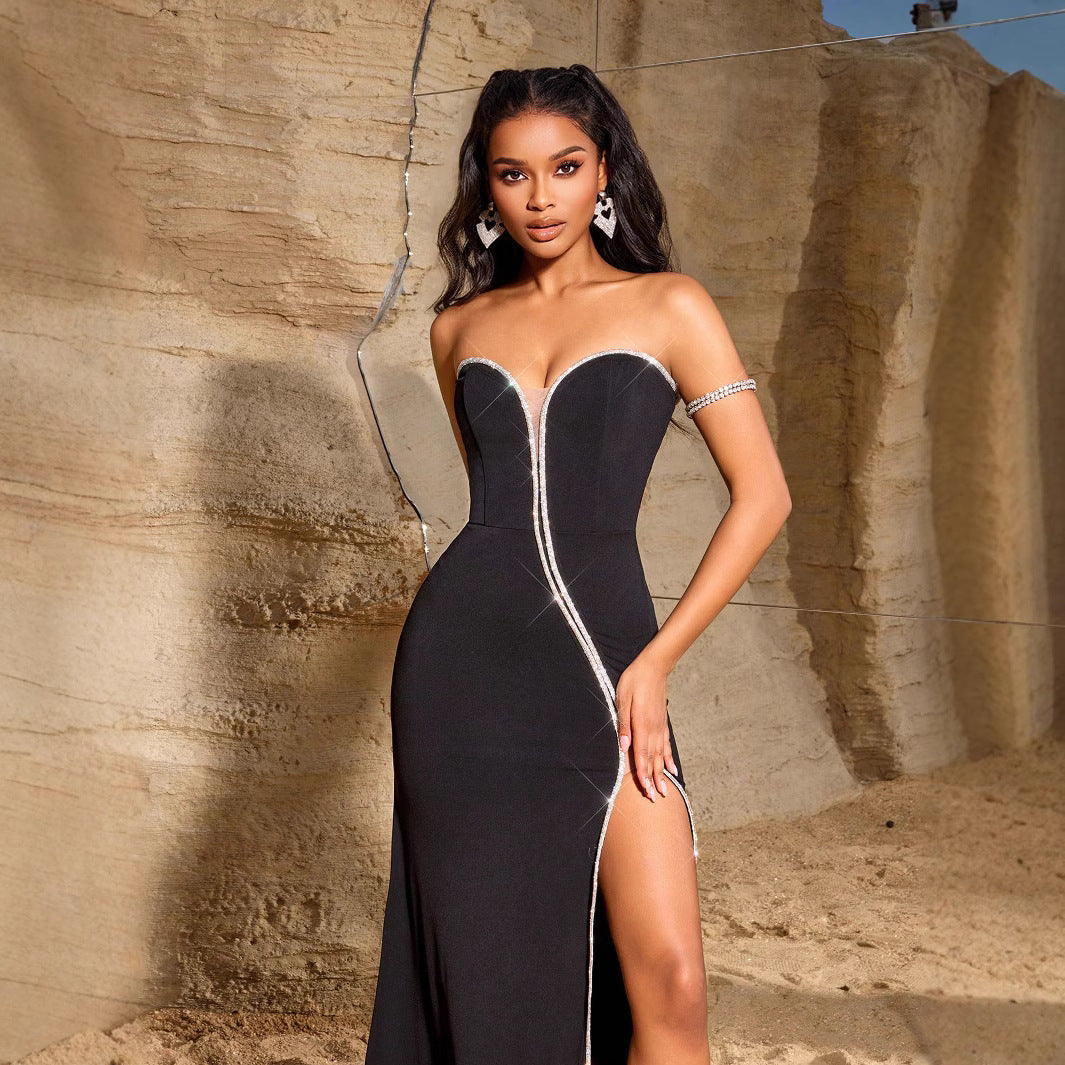 Women Clothing Elegant Spaghetti Straps Sleeveless Slim Fit High Waist Slit Maxi Dress Party Footwear