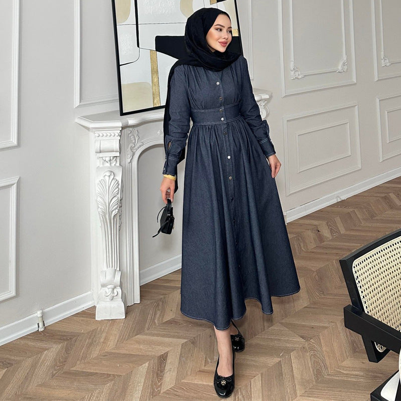 Women Clothing Graceful Fashionable Denim Retro Casual Waist Tight Swing Maxi Dress