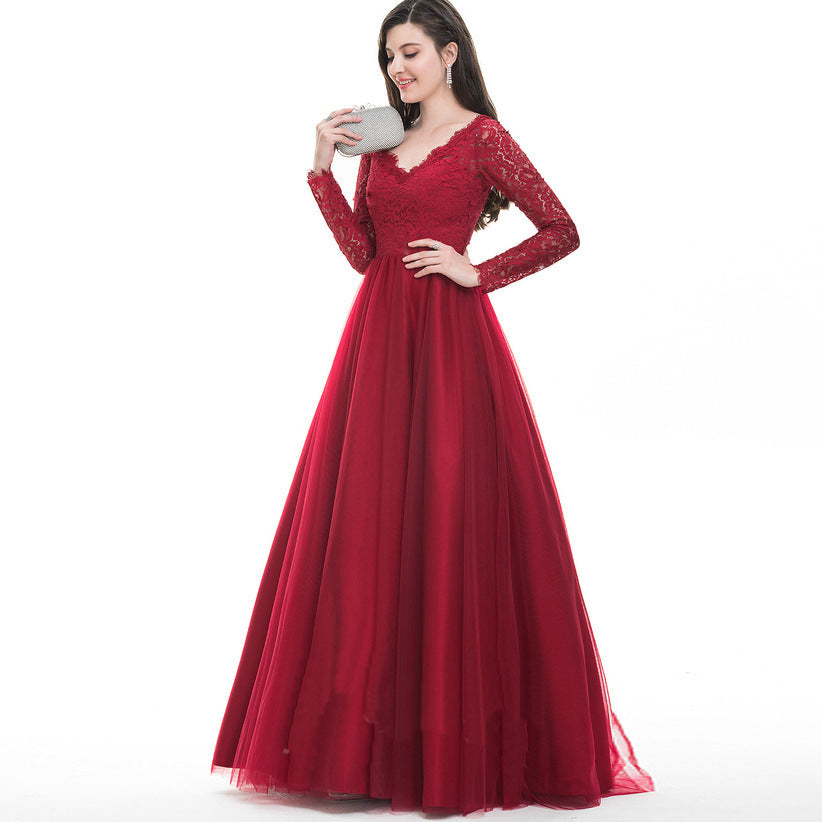 Women Mesh Lace Long Sleeve Wedding Bridal Gown Dress Evening Maxi Dress