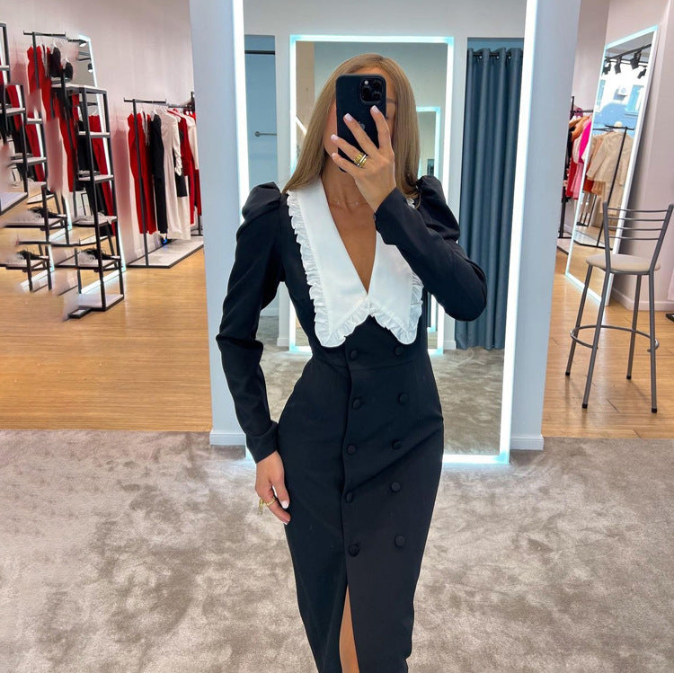 Autumn Winter Women Clothing Trend Black White Contrast Color Split Maxi Dress Doll Collar Long Sleeve French Dress
