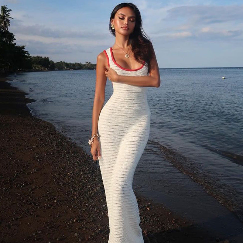 Women Clothing Autumn Sexy Cutout Knitted Contrast Color Bare Back Dress