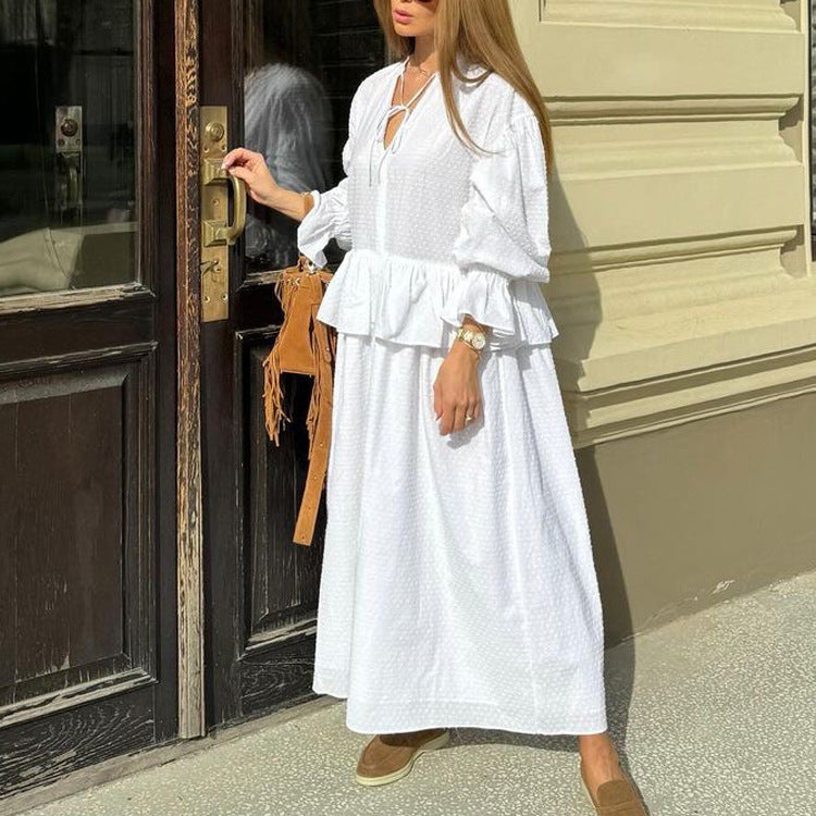 Ruffled Loose Dress Women V neck Lace up Bell Sleeve White Office Dress