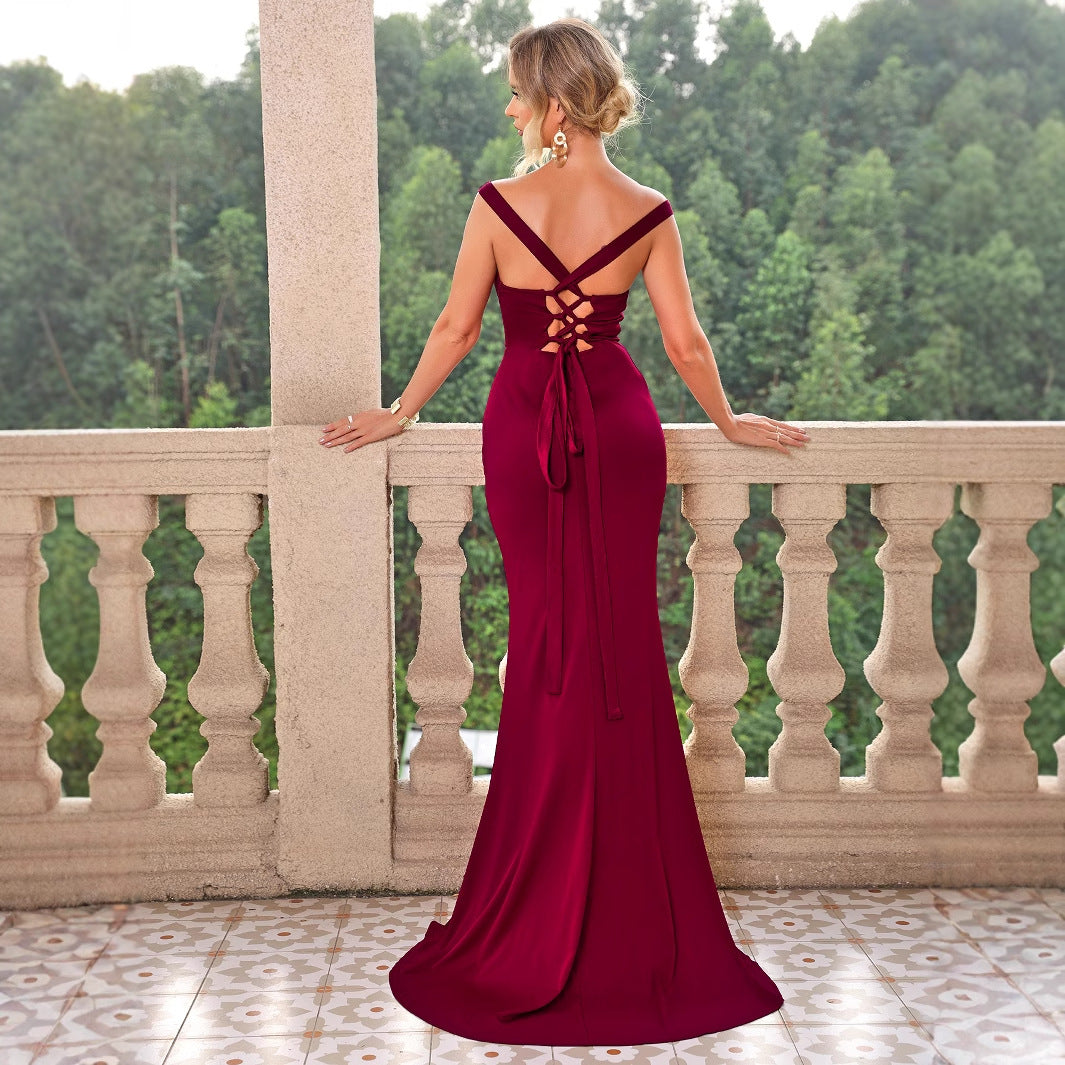 Sexy Solid Color Tied Backless Slit Camisole Gown Maxi Dress