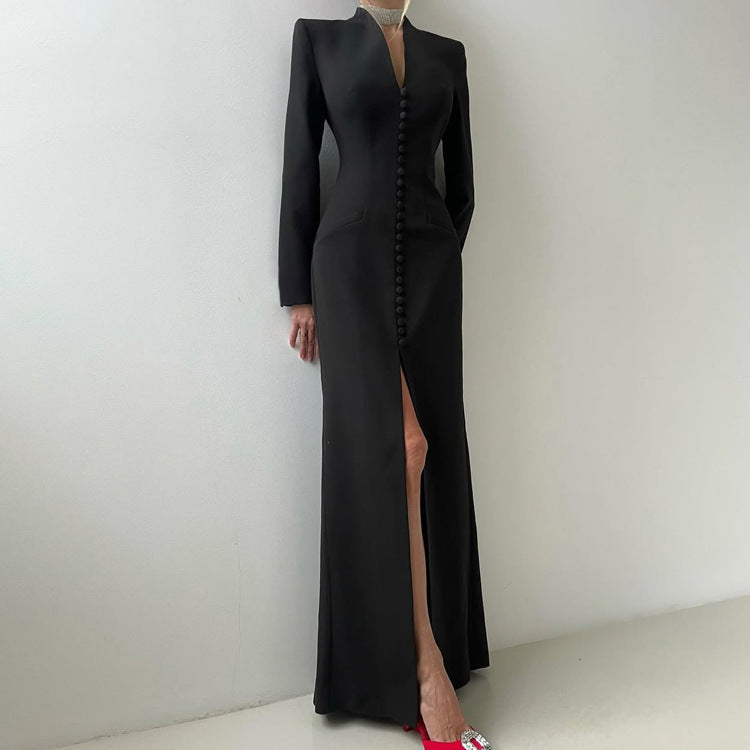 V neck Long Sleeve High Waist Split French Dress Women Party Long Dress