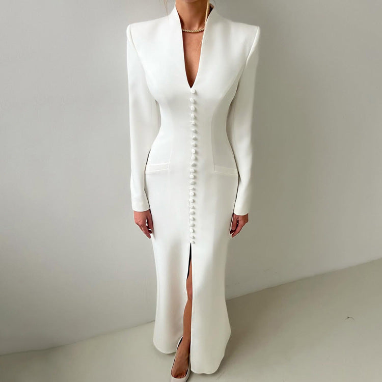 V neck Long Sleeve High Waist Split French Dress Women Party Long Dress