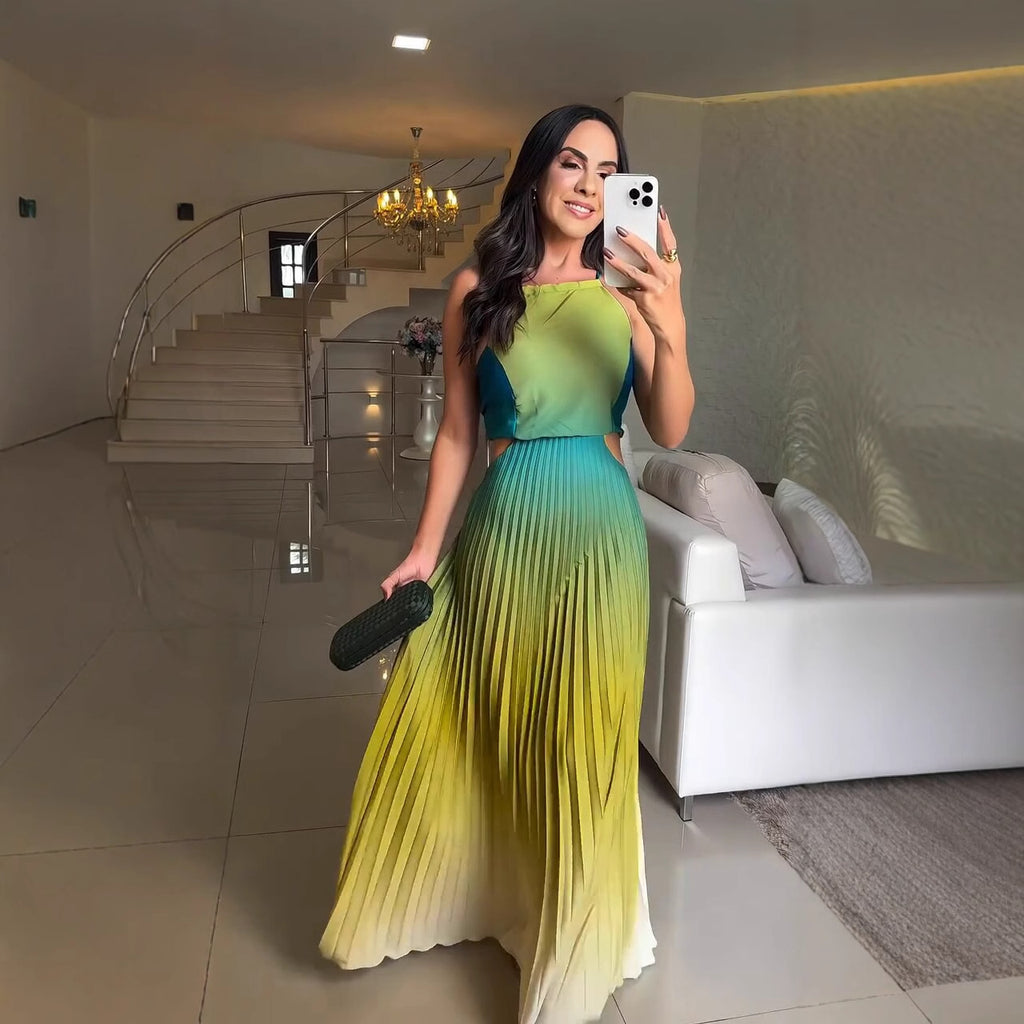 Women Clothing Elegant Halter Pleated Gradient Color Dress Maxi Dress