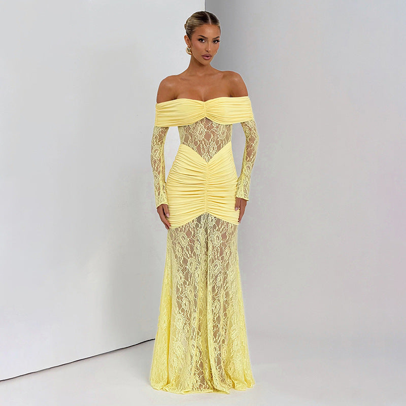 Women Clothing Summer Lace Stitching off Shoulder Slit Long Sleeve Dress Maxi Dress for Women