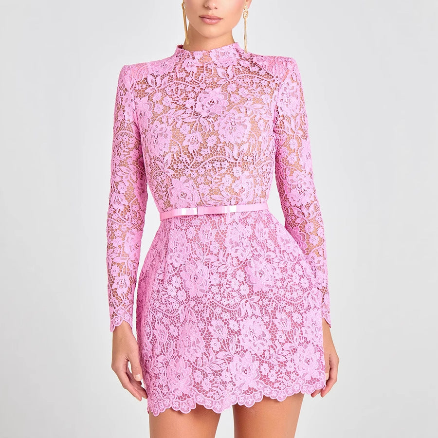 Lace Sheer Cutout Belt Slim Fit Long Sleeve Short Dress