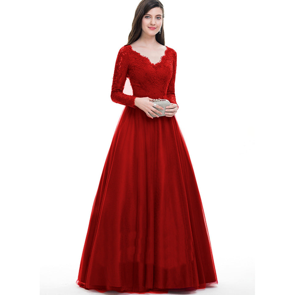 Women Mesh Lace Long Sleeve Wedding Bridal Gown Dress Evening Maxi Dress